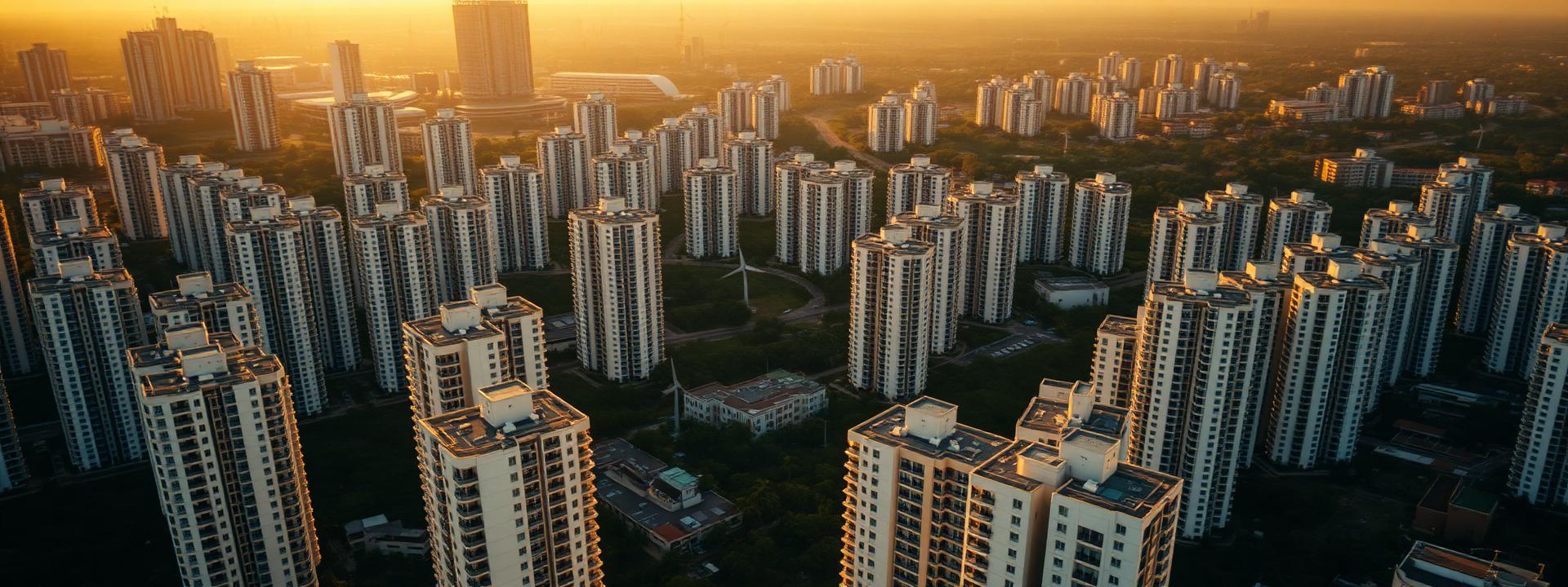 Singapore private condominium estate photographed from the air at golden hour